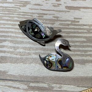 Vintage Mexico abalone animal fish swan sterling silver pin lot